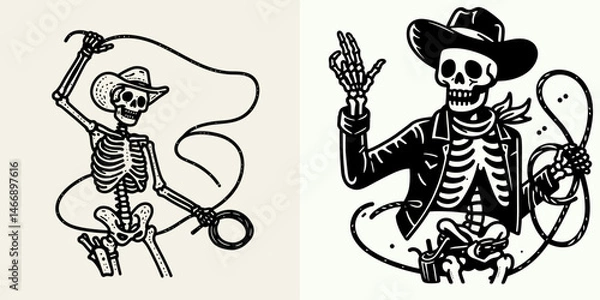 Fototapeta Skeleton as Cowboy Waving lasso. Western Outline Clipart ink line art doodle vector illustration. Bony gunslinger motioning lariat undead rancher brandishing rope illustration.