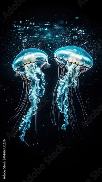Obraz Two Ethereal Jellyfish Floating Gracefully in Deep Ocean Water with Glowing Tentacles and Air Bubbles Surrounding Them