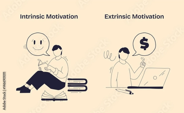 Obraz Intrinsic vs Extrinsic Motivation contrasts self-driven joy from learning with reward-driven actions, key objects, book, smiley face, dollar sign. Doodle style diagram