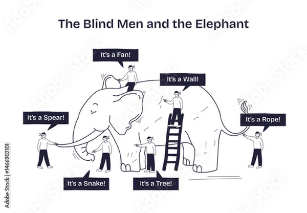 Obraz The Blind Men and the Elephant shows blindfolded men touching different parts of an elephant, each interpreting it differently. Doodle style diagram