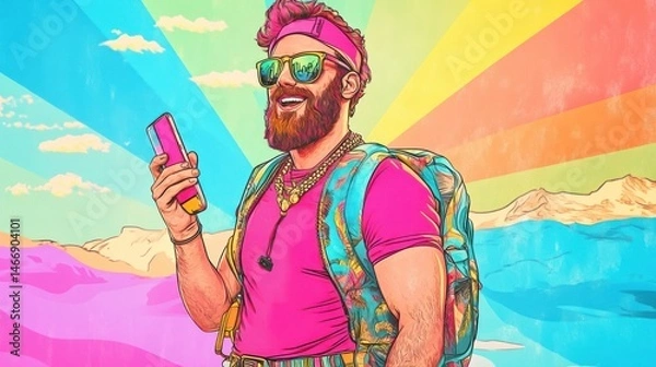 Fototapeta Depicting joy, freedom, expressive facial expression before going on an adventure, wearing a backpack on his back, colorful background full of positive energy