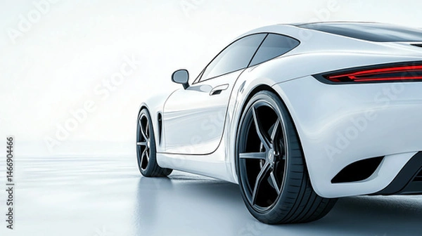 Fototapeta Rear view of a sleek white sports car with black rims against a bright white background in studio shot