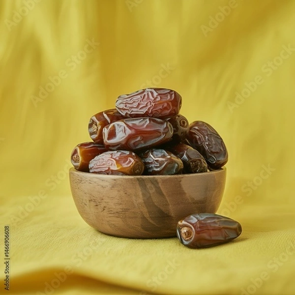 Obraz Top-view PNG illustration of glossy wrinkled dates in a rustic wooden bowl, isolated on bold yellow background. Realistic detail, perfect for web, print, and seasonal campaigns.