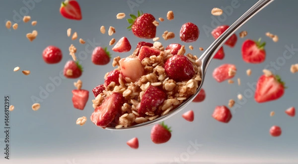Fototapeta Creative food template. Strawberry fruit with granola oats crumble topping on silver spoon with fruit chunk flying on soft muted background. copy text space. long banner

