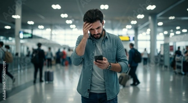 Fototapeta Stressed Traveler Checking Flight Status - A man looks concerned while checking his phone in a busy airport terminal, possibly worried about a delayed or missed flight