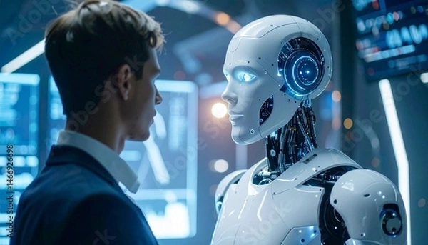 Fototapeta A humanoid robot AI agent hologram sharing knowledge with a human during the singularity symbolizing agentic autonomy and AGI technology in the future using superintelligence