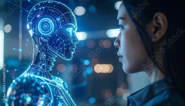 Fototapeta A humanoid robot AI agent hologram sharing knowledge with a human during the singularity symbolizing agentic autonomy and AGI technology in the future using superintelligence