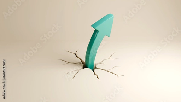 Obraz Green Arrow Emerging from Cracked Ground - Breaking Through Barriers, Growth, Strength, and Bold Progress, 3D Render