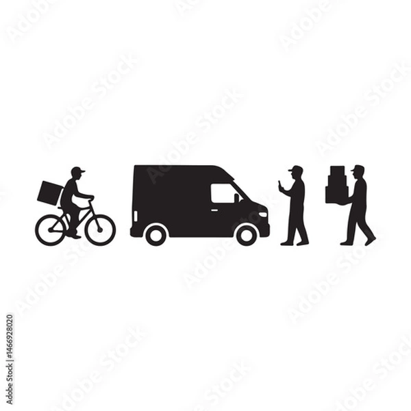 Fototapeta Black Silhouette Icons of Delivery Workers with Parcels, Bikes, Vans, and Phones — Simple Courier Action Clipart Set (4).eps

