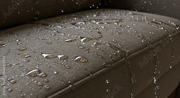 Fototapeta Water Resistant Fabric Sofa Upholstery - Close-up of water beading on a dark gray, water-resistant fabric sofa. Shows durability and stain resistance
