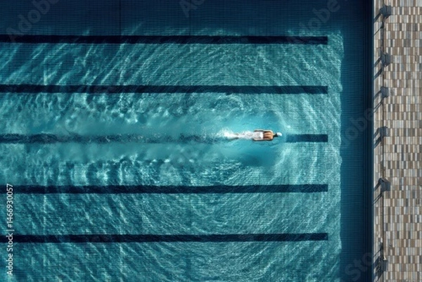Obraz Aerial View of Male Swimmer Performing Freestyle Stroke in Blue Pool, Athletic Motion Capture.