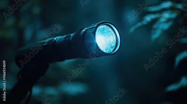 Fototapeta The flashlight shines and illuminates the room, highlighting its function as a lighting aid when it is dark and unclear.