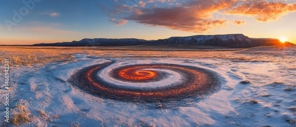 Fototapeta A large spiral in the snow with a red circle in the middle
