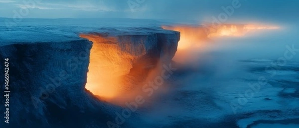 Fototapeta A rocky cliff with a hole in it and a fire in the middle