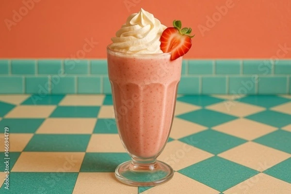 Fototapeta Delicious strawberry smoothie topped with whipped cream in a vibrant café setting