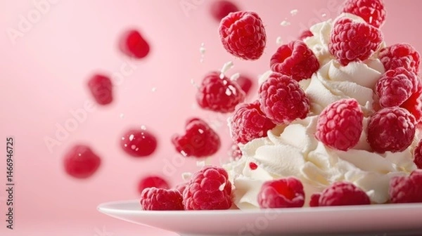 Fototapeta A captivating display featuring a generous heap of soft serve ice cream adorned with fresh raspberries, beautifully captured amidst a flurry of sugar and an artistic, pink backdrop.
