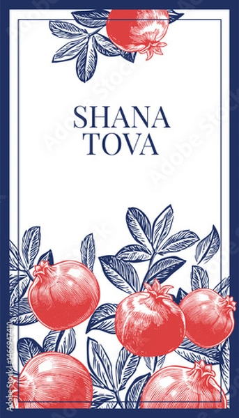 Fototapeta Elegant Rosh Hashanah greeting card with vintage-style red pomegranates and lush leaves, featuring Shana Tova message for Jewish New Year celebrations.