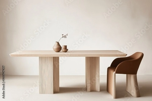 Fototapeta A clean, minimalist dining table with an empty white background.