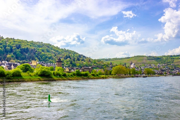 Fototapeta Rhine cruise past idyllic Oberwesel (Germany) on a sunny spring day