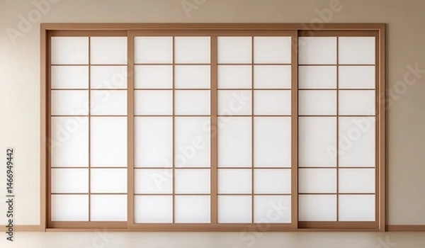 Fototapeta A photograph of an empty Japanese sliding window with a light brown frame and white glass