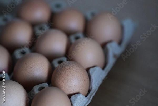 Obraz Brown chicken eggs neatly arranged in a paper tray, ready for cooking