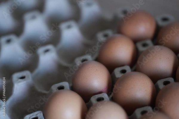 Obraz Brown chicken eggs neatly arranged in a paper tray, ready for cooking
