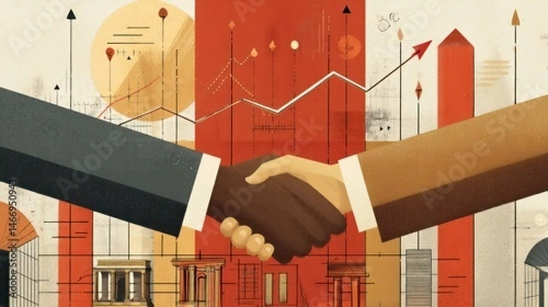 Fototapeta The idea of ​​a business deal, financial partnership or collaboration in the financial markets, the background is filled with charts and stock trading data.