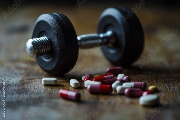 Fototapeta Dumbbell and Supplement Pills on Wooden Surface