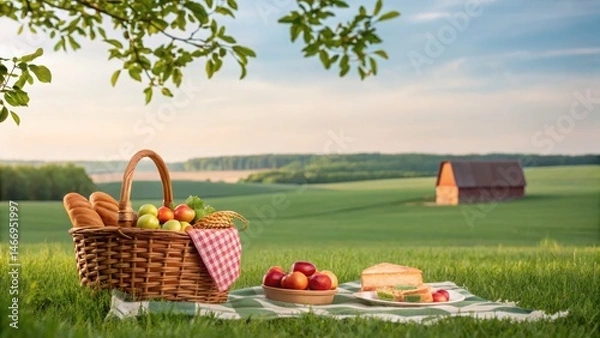 Fototapeta Picnic basket with fruits and bread on a blanket in a green field, under a tree, with a barn in the background on a sunny day.