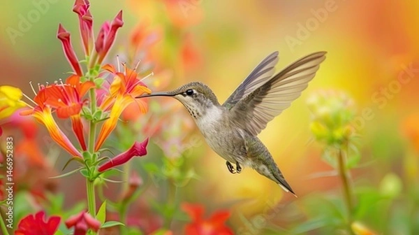 Fototapeta A small, ruby-throated hummingbird with rapidly beating wings hovers near a flower, a marvel of avian flight in nature