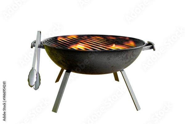 Fototapeta charcoal barbecue grill with open flame, isolated on white, 3D illustration