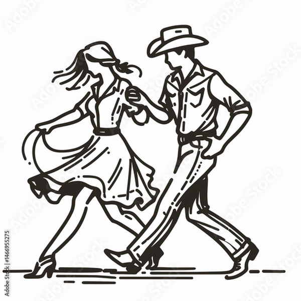 Fototapeta Cowgirl Dancing with partner. Western cowgirl Outline Clipart line art doodle vector illustration. gal amusement coupling rustic barn dance dance glee duet frolic.