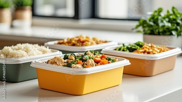 Fototapeta Colorful takeout boxes filled with ready-to-eat meals on modern kitchen counter