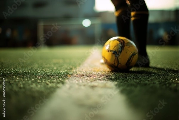 Fototapeta Closeup of soccer ball and soccer players in the stadium. Beautiful soccer field