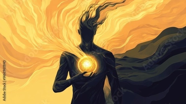 Fototapeta Mythological with extraordinary power mystical impression, strong and full of energy, humanoid holding a ball of light in the middle of a vortex of energy
