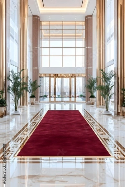 Fototapeta Luxurious hotel lobby with a deep red runner rug, marble flooring, gold accents, and large windows