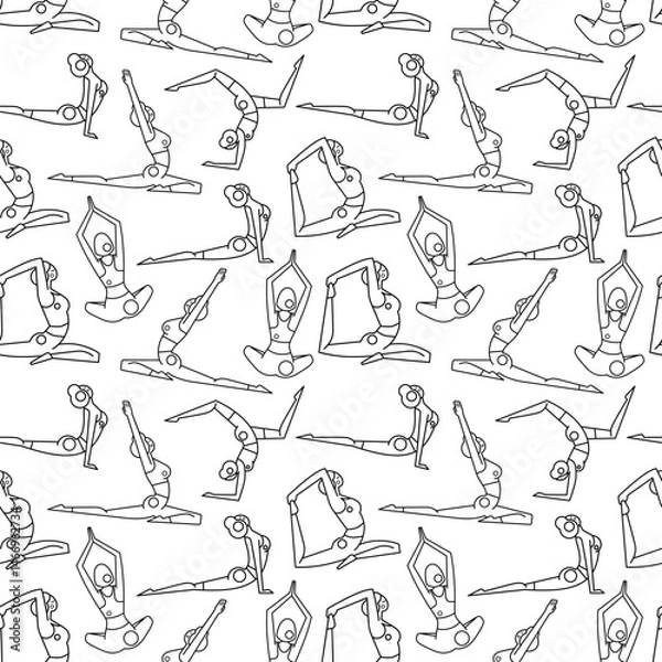 Obraz Yoga class seamless pattern. Silhouettes of girls in asanas. Thin line graphic style for your design. Black print on white background