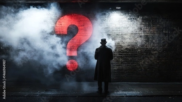 Fototapeta Mysterious silhouette of a man in a top hat standing against a foggy wall with a large question mark illuminated in red light