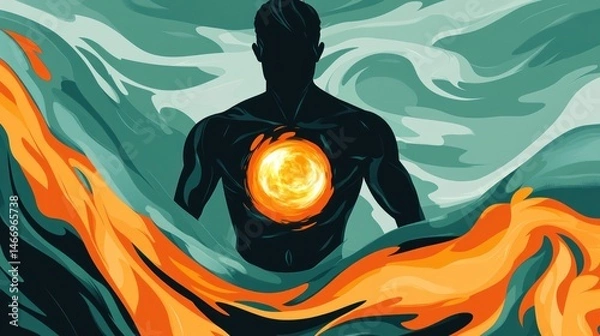 Fototapeta Mythological with extraordinary power mystical impression, strong and full of energy, humanoid holding a ball of light in the middle of a vortex of energy
