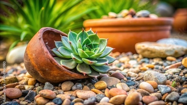 Obraz A small succulent plant lies on the ground with a broken pot next to it surrounded by stones and other rocks in a flower bed with lush greenery, succulents, stones