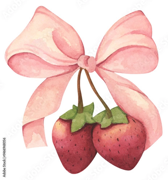 Fototapeta Coquette Strawberry Bow Watercolor in Autumn Garden with Soft Pastel and Feminine Vintage Style