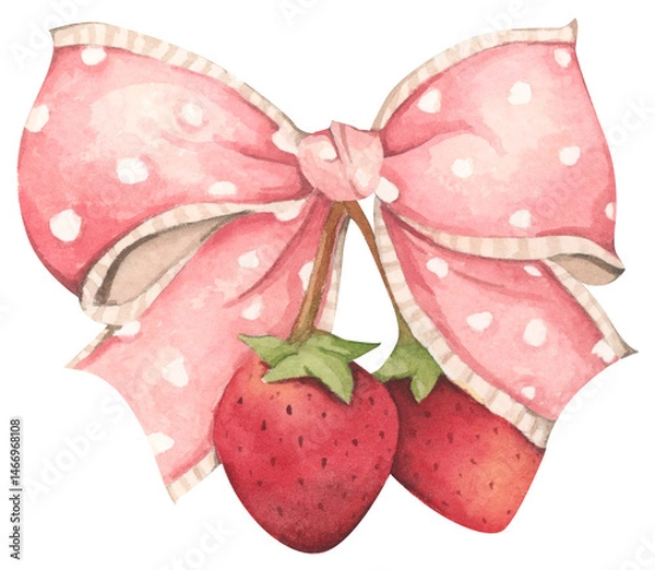 Fototapeta Coquette Strawberry Bow Watercolor in Autumn Garden with Soft Pastel and Feminine Vintage Style