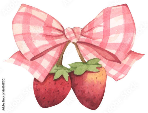 Fototapeta Coquette Strawberry Bow Watercolor in Autumn Garden with Soft Pastel and Feminine Vintage Style