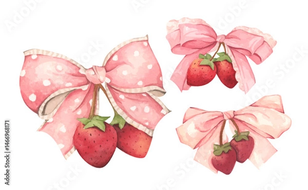 Fototapeta Coquette Strawberry Bow Watercolor in Autumn Garden with Soft Pastel and Feminine Vintage Style