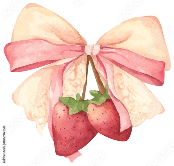 Fototapeta Coquette Strawberry Bow Watercolor in Autumn Garden with Soft Pastel and Feminine Vintage Style