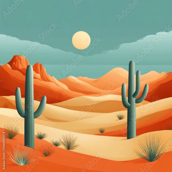 Fototapeta Two cacti stand in a colorful desert landscape with a bright sun above. Concept of desert scenery. For background in travel brochures.