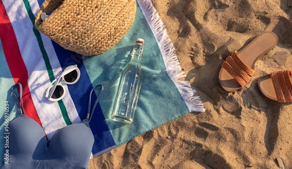Obraz Jute beach bag and swimsuit on the striped towel and flip flops on the sand. Summer vacation lifestyle concept