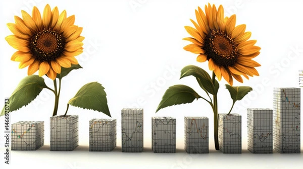 Fototapeta Vibrant business growth concept featuring sunflowers alongside bar graphs, symbolizing prosperity and nature beauty. This captures essence of growth and success in unique way