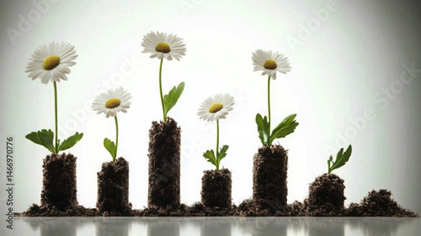 Fototapeta Growing flowers symbolize business growth and success, showcasing vibrant concept of development and prosperity. image features daisies emerging from soil, representing progress and potential