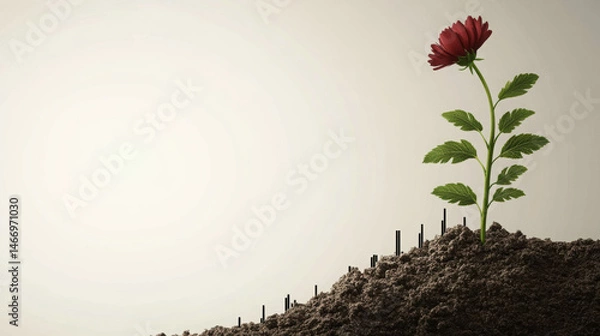 Fototapeta Vibrant flower emerges from dark soil, symbolizing growth and resilience in minimalist setting. This captures essence of nature beauty and potential for development